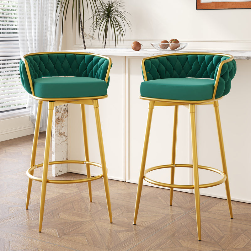 Set of 2 Velvet Swivel Bar Stools 180° Gold Frame w/ Woven Back & Footrest