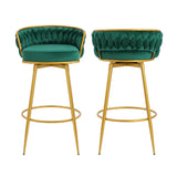 Set of 2 Velvet Swivel Bar Stools 180° Gold Frame w/ Woven Back & Footrest