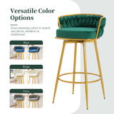 Set of 2 Velvet Swivel Bar Stools 180° Gold Frame w/ Woven Back & Footrest