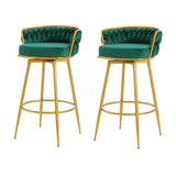 Set of 2 Velvet Swivel Bar Stools 180° Gold Frame w/ Woven Back & Footrest