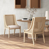 Rustic Cane and Wood Upholstered Dining Chairs, Set of 2