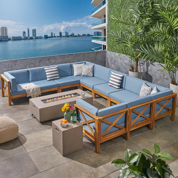Outdoor Acacia Wood 10 Pieces U-Shaped Sectional Sofa Set with Fire Pit - NH277603
