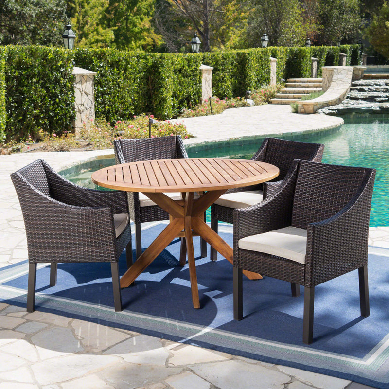 Outdoor 5 Piece Multi-brown Wicker Dining Set with Teak Finish Table - NH033203