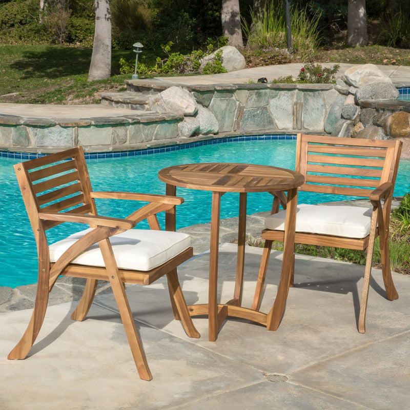 Outdoor 3-Piece Teak Finish Acacia Wood Bistro Set with Cream Cushions - NH126692