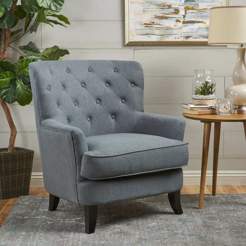 Contemporary Button Tufted Upholstered Fabric Club chair w/ Piped Edges - NH314103