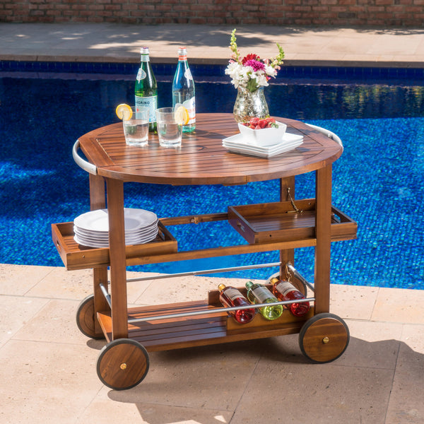 Outdoor Dark Acacia Wood Bar Cart with Powder Coated Aluminum Accents - NH835203