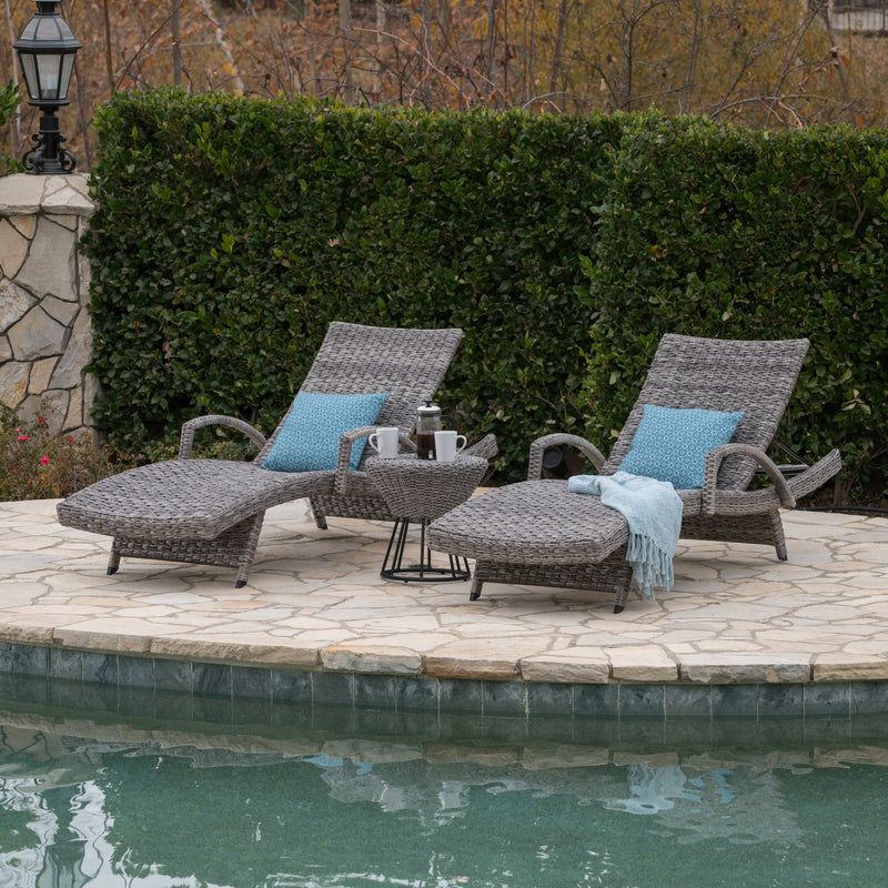 Outdoor 3 Piece Gray Wicker Armed Chaise Lounges with Side Table - NH284303