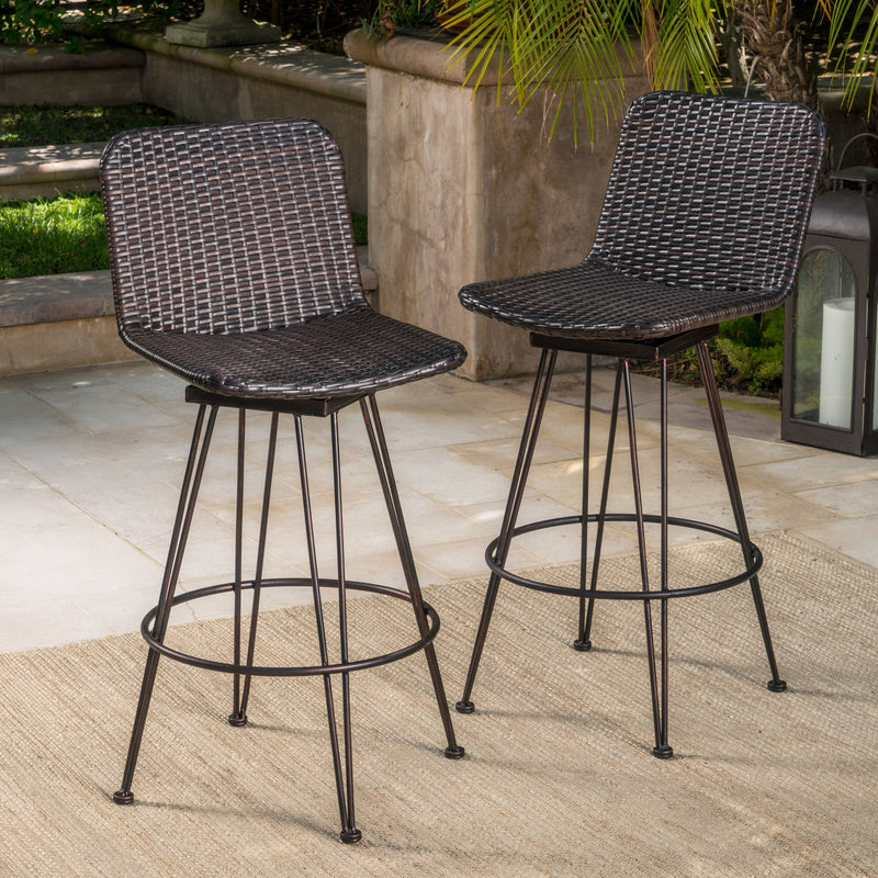 18-Inch Outdoor Wicker Barstools with Black Brush Copper Iron Frame (Set of 2) - NH837103