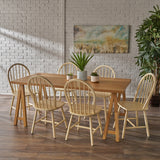 Farmhouse Cottage 7 Piece Faux Wood Dining Set with Rubberwood Chairs, Antique White - NH224203