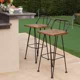 Outdoor Industrial Teak Finished Acacia Wood Barstools with Iron Frame - NH944303