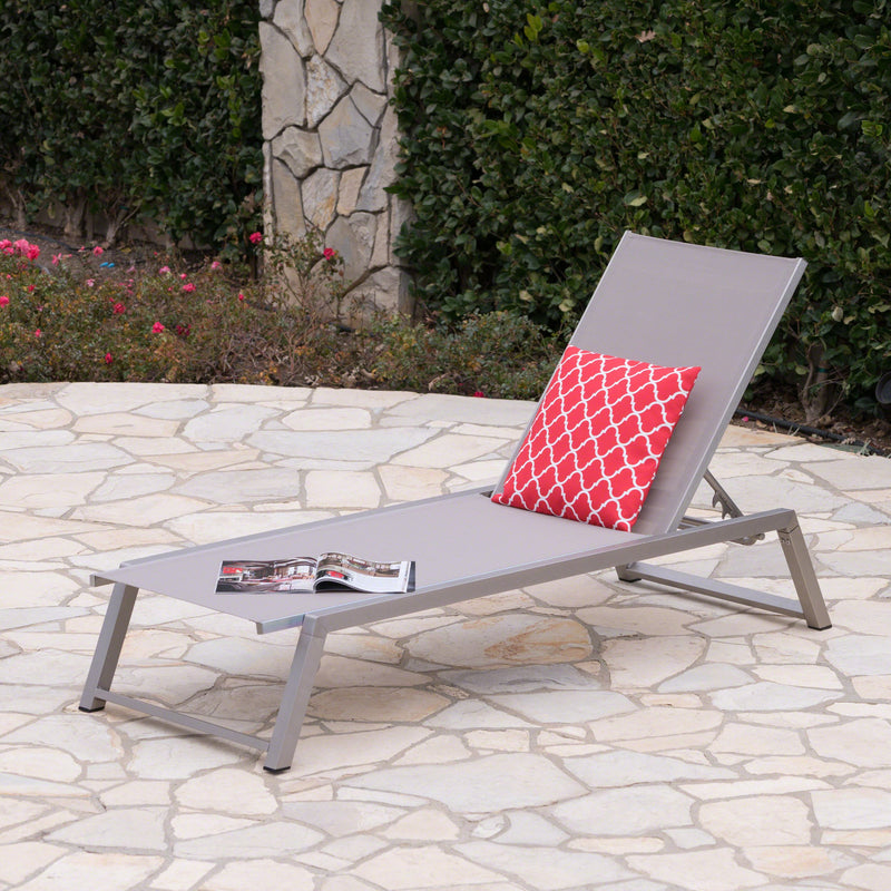 Outdoor Gray Mesh Chaise Lounge with Grey Finished Aluminum Frame - NH255303