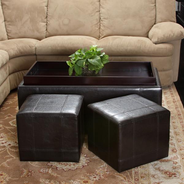 3-Piece Espresso Brown Leather Storage Ottoman - NH883132