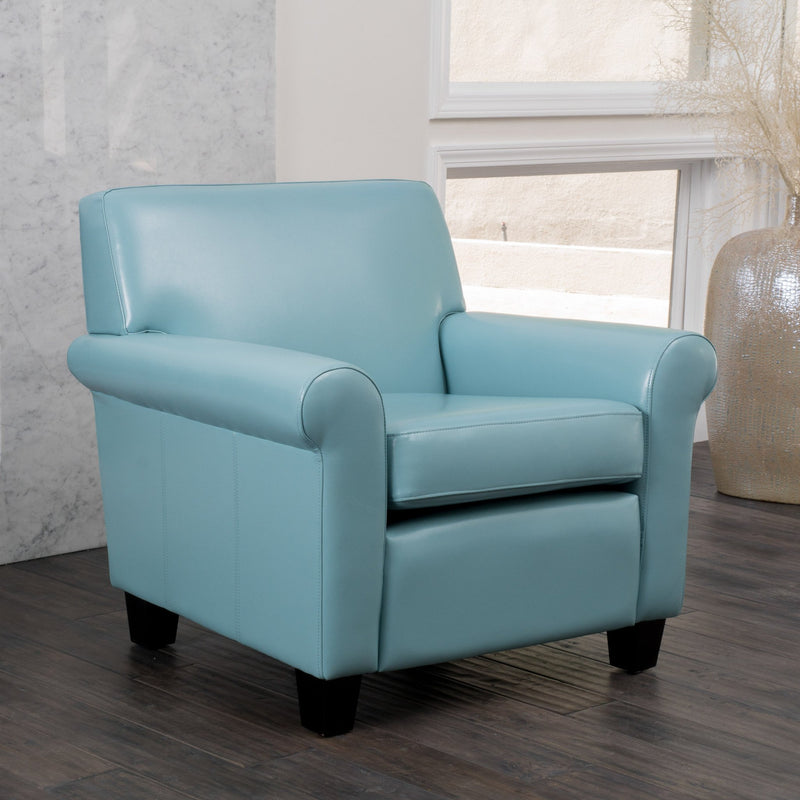 Contemporary Teal Blue Leather Club Chair with Scrolled Arms - NH716852