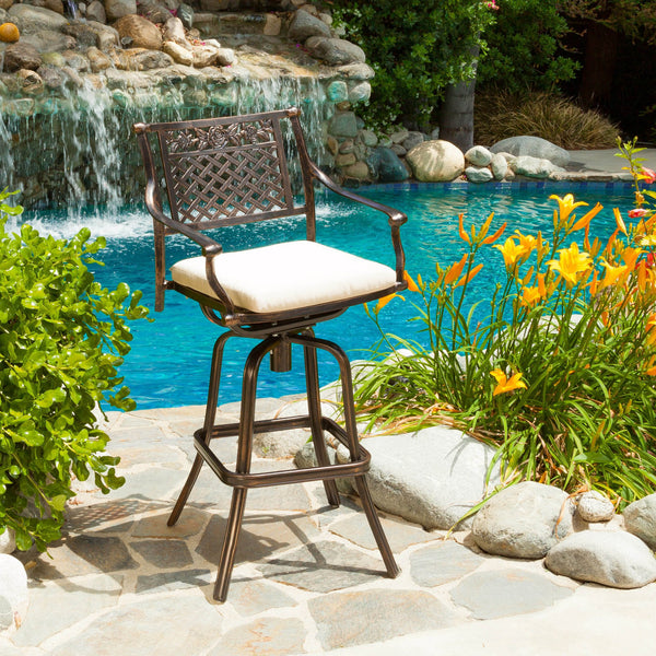 30-Inch Outdoor Cast Aluminum Swivel Bar Stool w/ Cushion - NH050592
