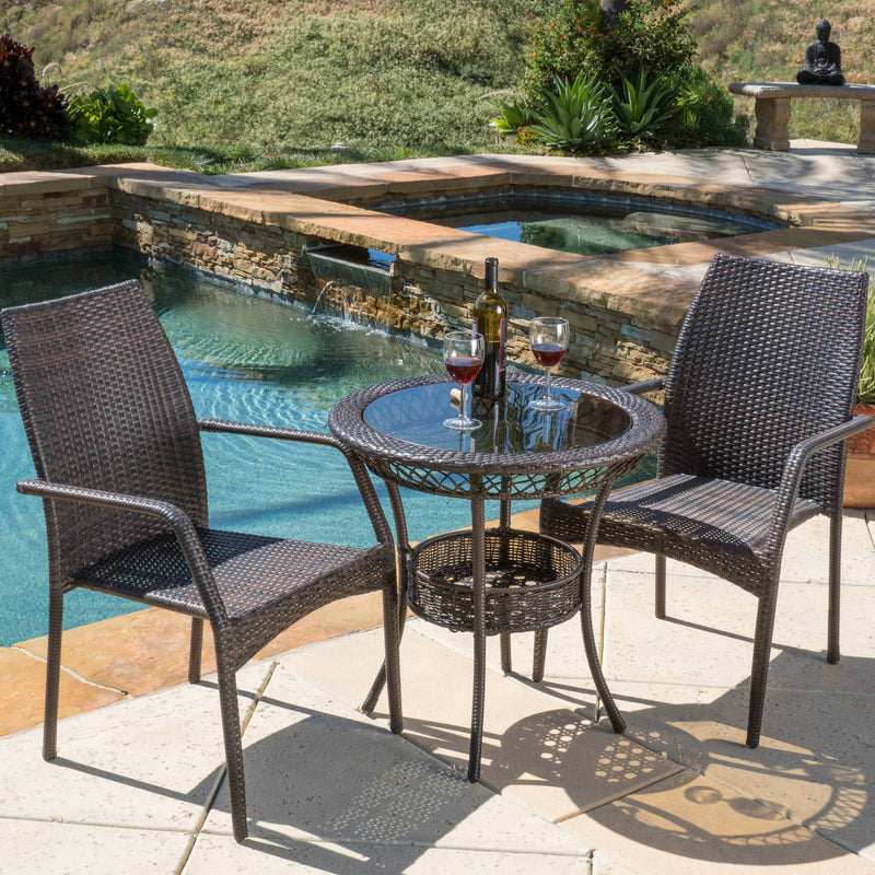 Outdoor 3-Piece Multi-Brown Wicker Bistro Set with Tempered Glass Top - NH796592