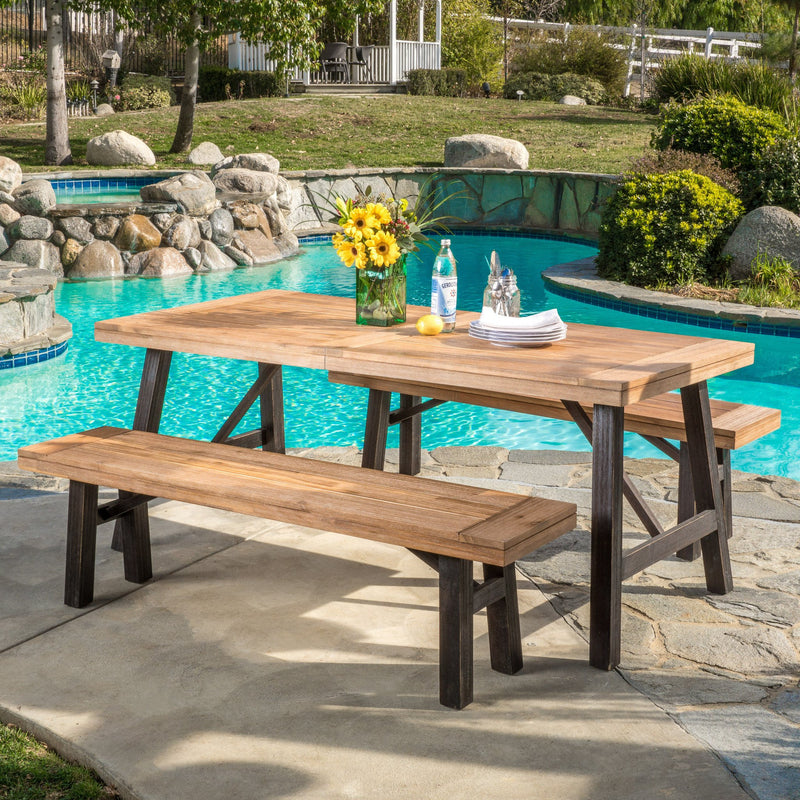 Outdoor Teak Finish and Brushed Grey Acacia Wood Picnic Dining Set - NH175692