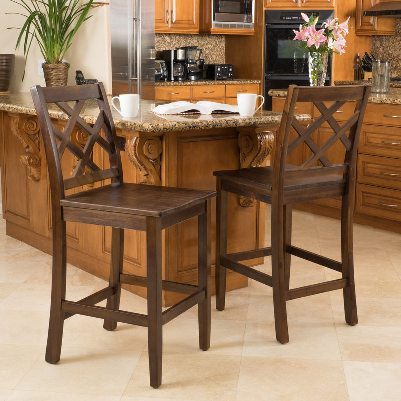 Rustic Crossback Brown Mahogany Acacia Wood Counter Stools (Set of 2) - NH658692