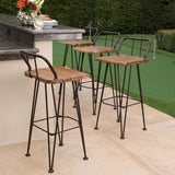 Outdoor Industrial Teak Finished Acacia Wood Barstools with Iron Frame - NH944303