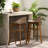 Beeson Outdoor Wicker and Acacia Wood 30 Inch Barstools, Set of 2, Light Multibrown and Teak
