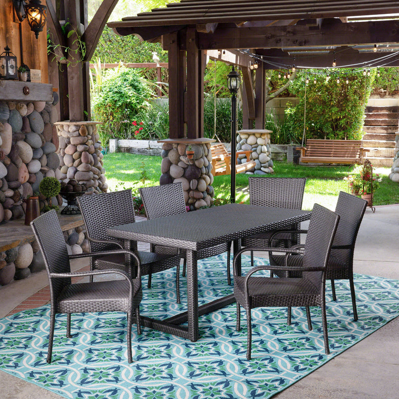 Outdoor 7 Piece Wicker Dining Set, Grey - NH927403
