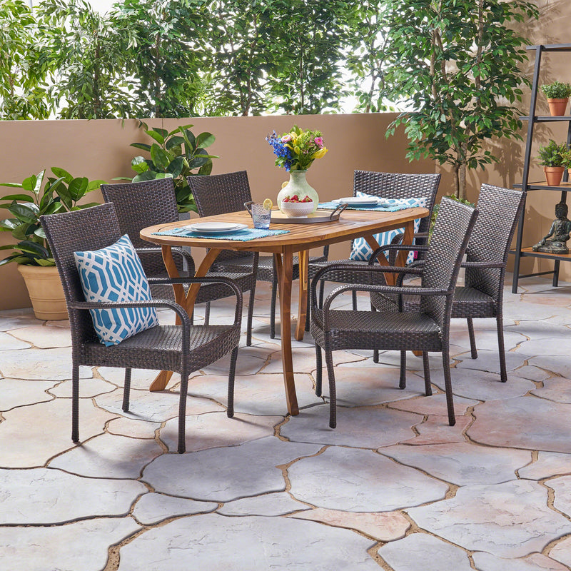 Outdoor 7 Piece Acacia Wood and Wicker Dining Set, Teak with Multi Brown Chairs - NH320503