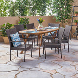 Outdoor 7 Piece Acacia Wood and Wicker Dining Set, Teak with Multi Brown Chairs - NH320503