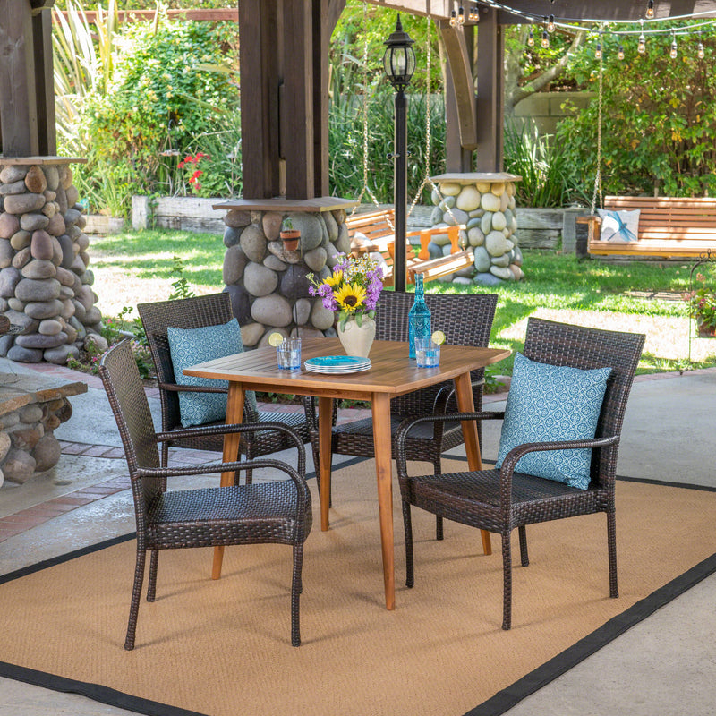Outdoor 5 Piece Wood and Wicker Dining Set, Teak and Multi Brown - NH211503