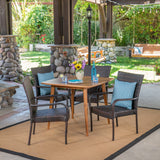 Outdoor 5 Piece Wood and Wicker Dining Set, Teak and Multi Brown - NH211503