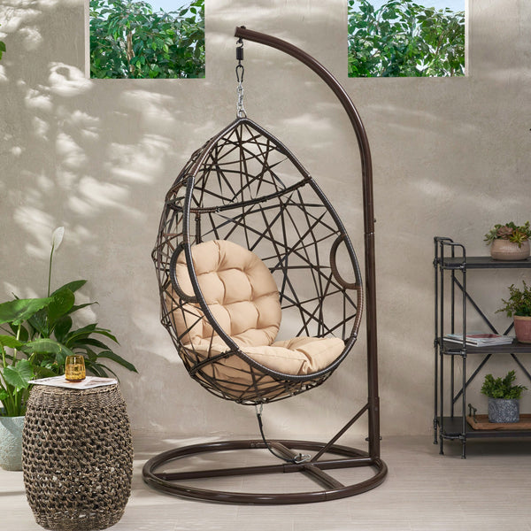 Outdoor Brown Wicker Hanging Teardrop / Egg Chair - NH791932