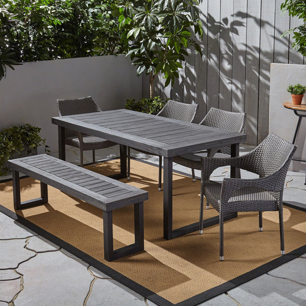 Outdoor 6-Seater Wood and Wicker Chair and Bench Dining Set - NH384503