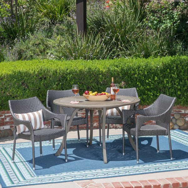 Outdoor 5 Piece Acacia Wood and Wicker Dining Set - NH810503