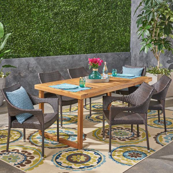 Outdoor 7 Piece Acacia Wood Dining Set with Stacking Wicker Chairs, Sandblast Natural and Multi Brown - NH042603