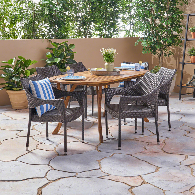 Outdoor 7 Piece Acacia Wood and Wicker Dining Set, Teak with Multi Brown Chairs - NH420503