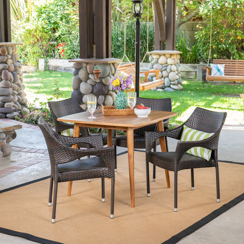 Outdoor 5 Piece Wood and Wicker Dining Set, Teak and Multi Brown - NH311503