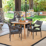 Outdoor 5 Piece Wood and Wicker Dining Set, Teak and Multi Brown - NH311503