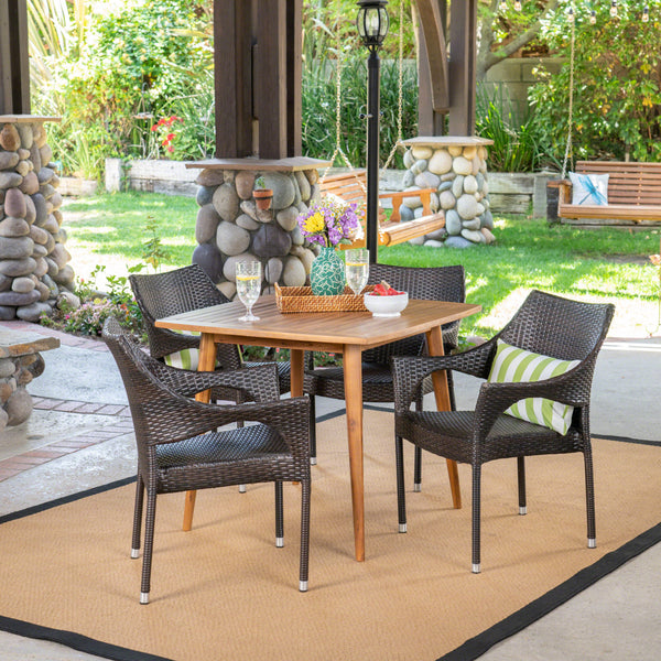 Outdoor 5 Piece Wood and Wicker Dining Set, Teak and Multi Brown - NH311503