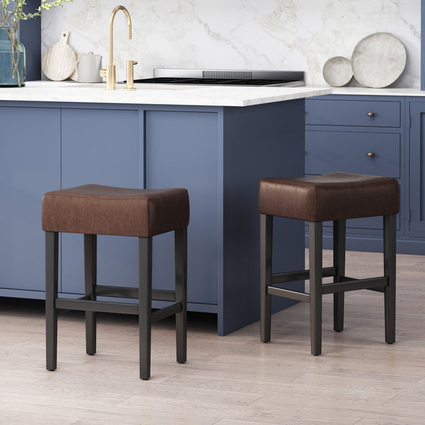 Backless Brown Leather Counter Stools (Set of 2) - NH625732