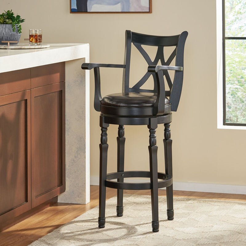 Farmhouse Black Bonded Leather Swivel Barstool with Arms - NH778592