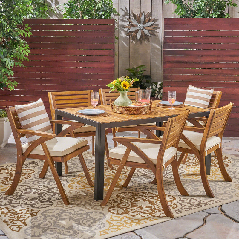 Outdoor 6-Seater Rectangular Acacia Wood and Iron Dining Set, Teak with Black and Cream - NH303603