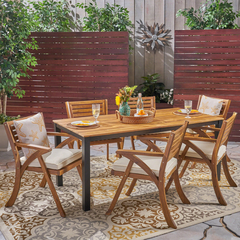 Outdoor 7 Piece Acacia Wood Dining Set, Teak and Cream - NH617503