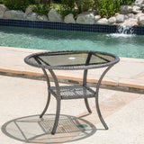 Outdoor Coastal Gray Wicker Side Table with Tempered Glass Top - NH725692
