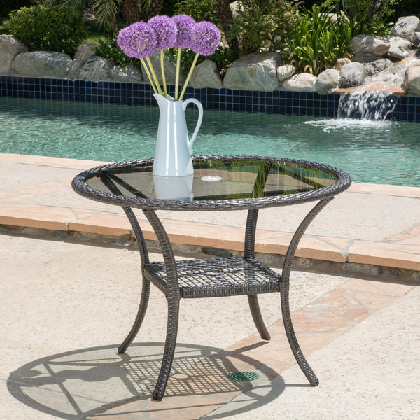 Outdoor Coastal Gray Wicker Side Table with Tempered Glass Top - NH725692