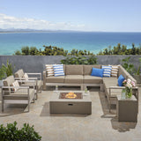 Outdoor 9 Seater Aluminum L-Shaped Sofa Sectional and Fire Pit Set - NH078903