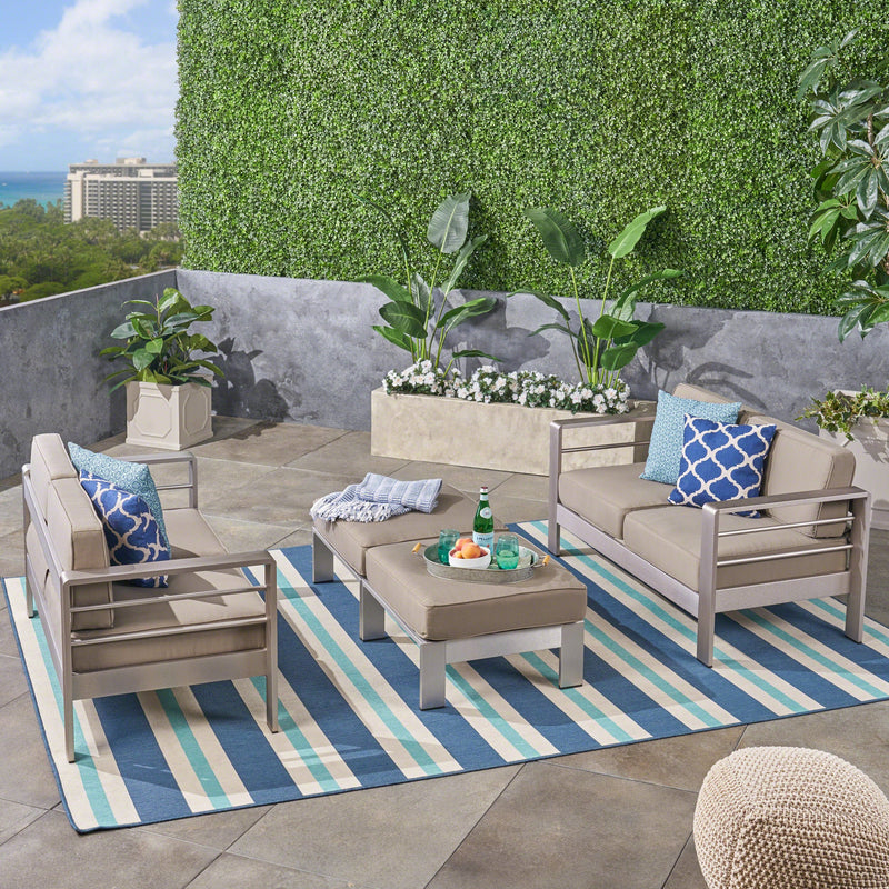 Outdoor 4-Seater Aluminum Loveseat and Ottoman Set, Silver and Khaki - NH543603