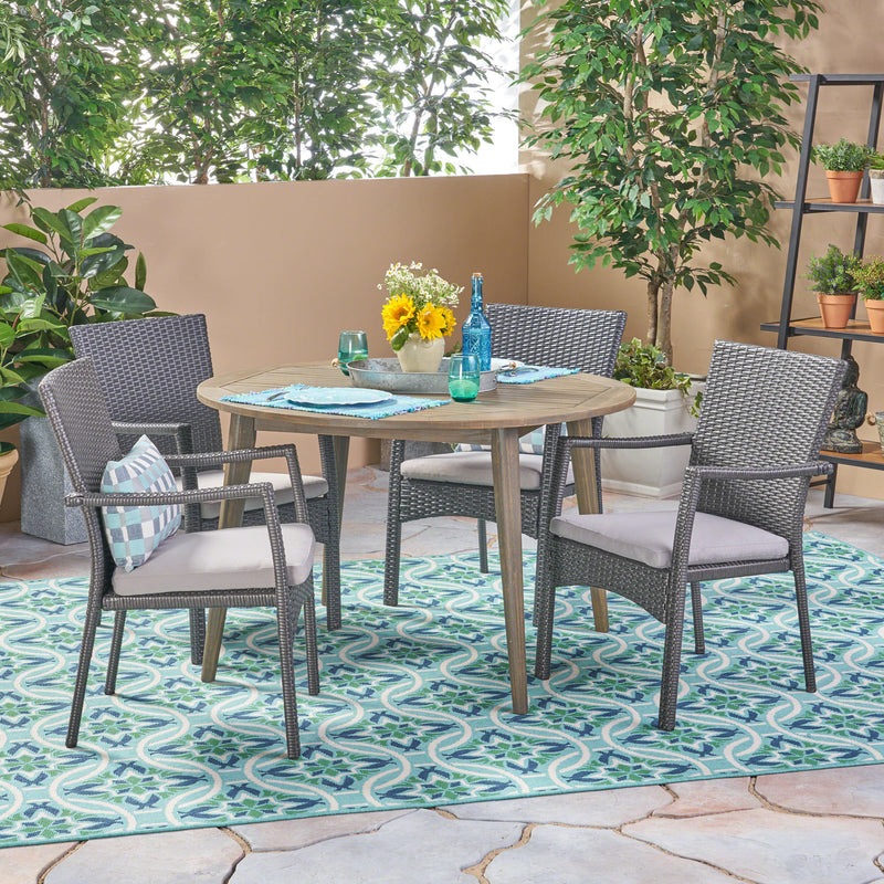 Outdoor Coastal 5 Piece Wicker Dining Set with Round Acacia Wood Table - NH062503
