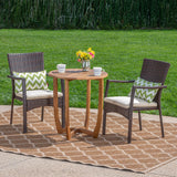 Outdoor 3 Piece Acacia Wood/ Wicker Bistro Set with Cushions, Teak Finish and Brown with Crème - NH103403