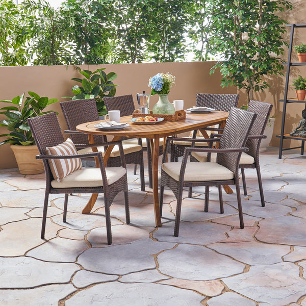 Outdoor 7 Piece Acacia Wood and Wicker Dining Set, Teak with Brown Chairs - NH620503