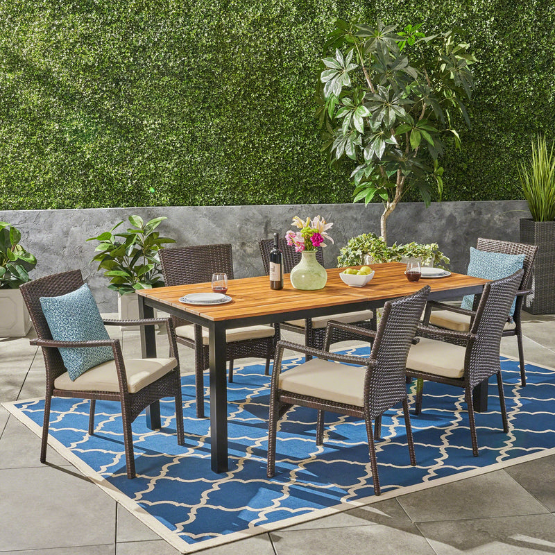 Outdoor 7 Piece Acacia Wood Dining Set with Wicker Chairs, Teak and Brown and Cream - NH537503