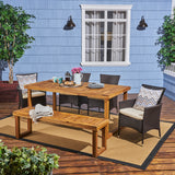 Outdoor 6-Seater Wood and Wicker Chair and Bench Dining Set - NH119503