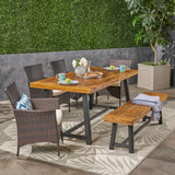 Outdoor 6 Piece Dining Set with Stacking Wicker Chairs and Bench, Sandblast Teak and Black and Multi Brown - NH152603